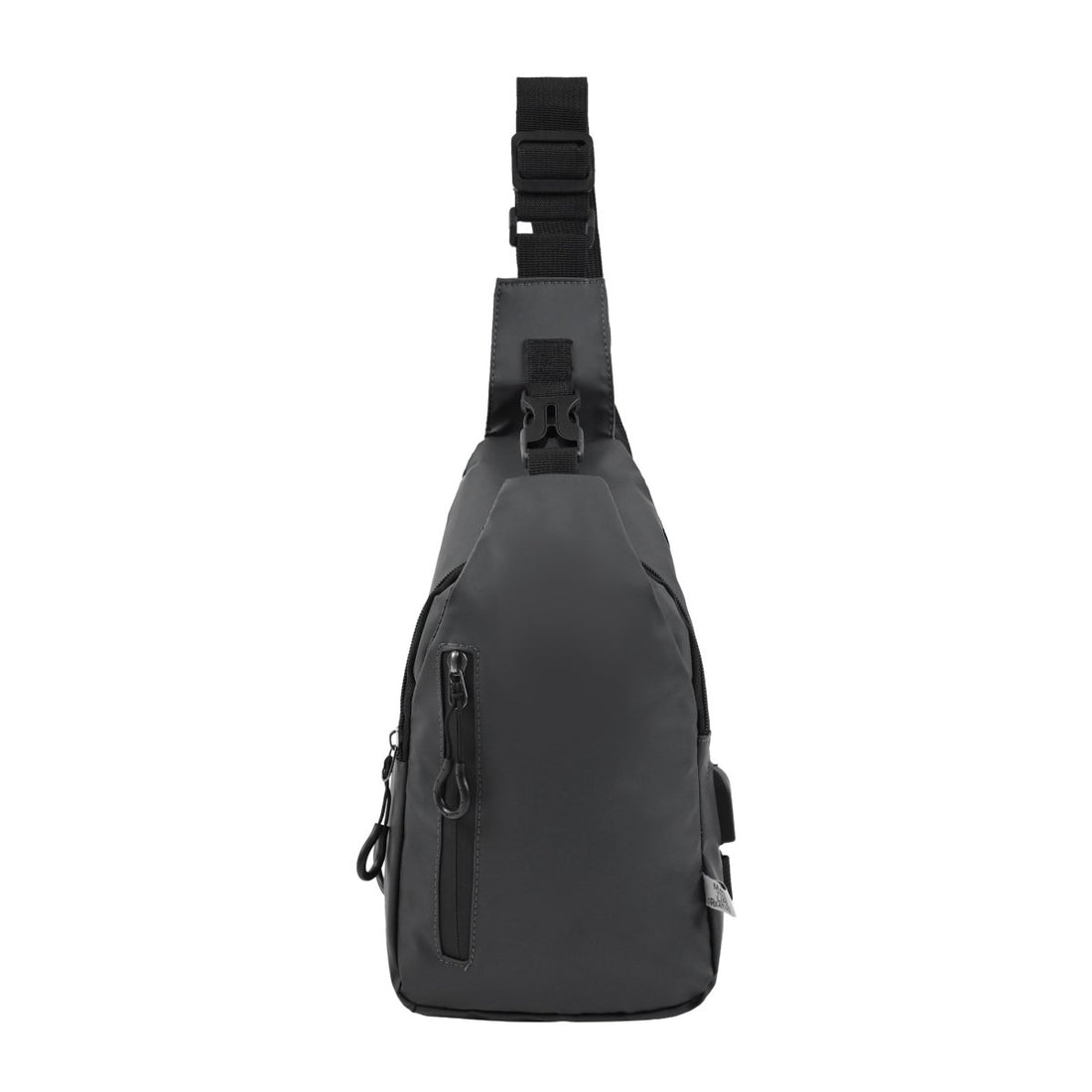 Black crossbody sling bag with top strap and side zipper pocket
