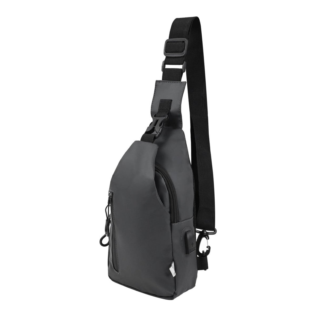 Black men's sling bag with adjustable shoulder strap and front zip pocket