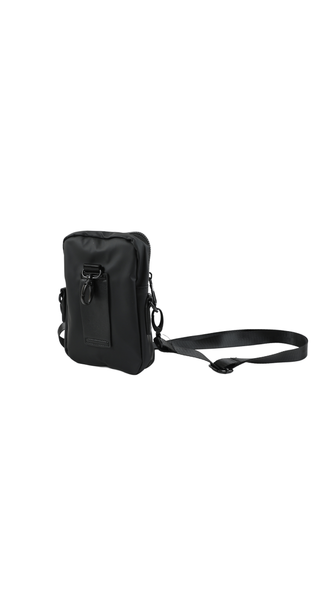 Black mini crossbody bag with adjustable shoulder strap and metal rings