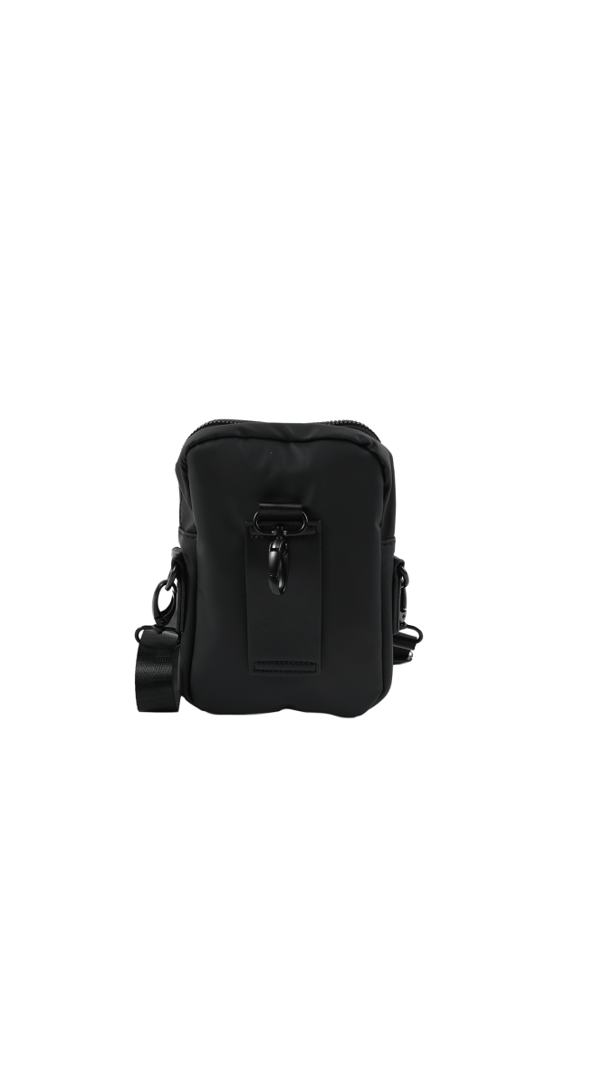 Black mini crossbody bag with zip top and front strap detail