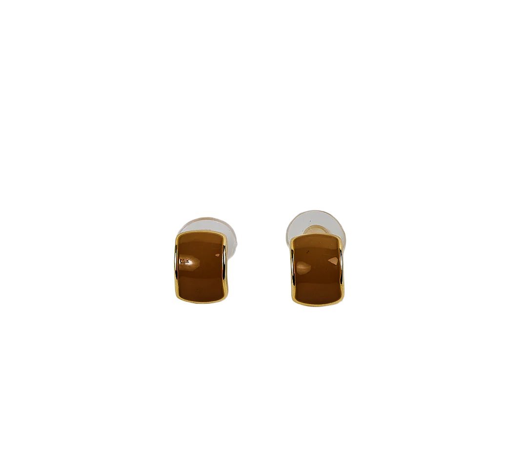 Gold-tone square stud earrings with glossy amber centers