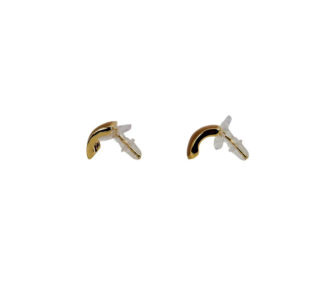 Gold-tone C-shaped stud earrings with white posts and amber finish