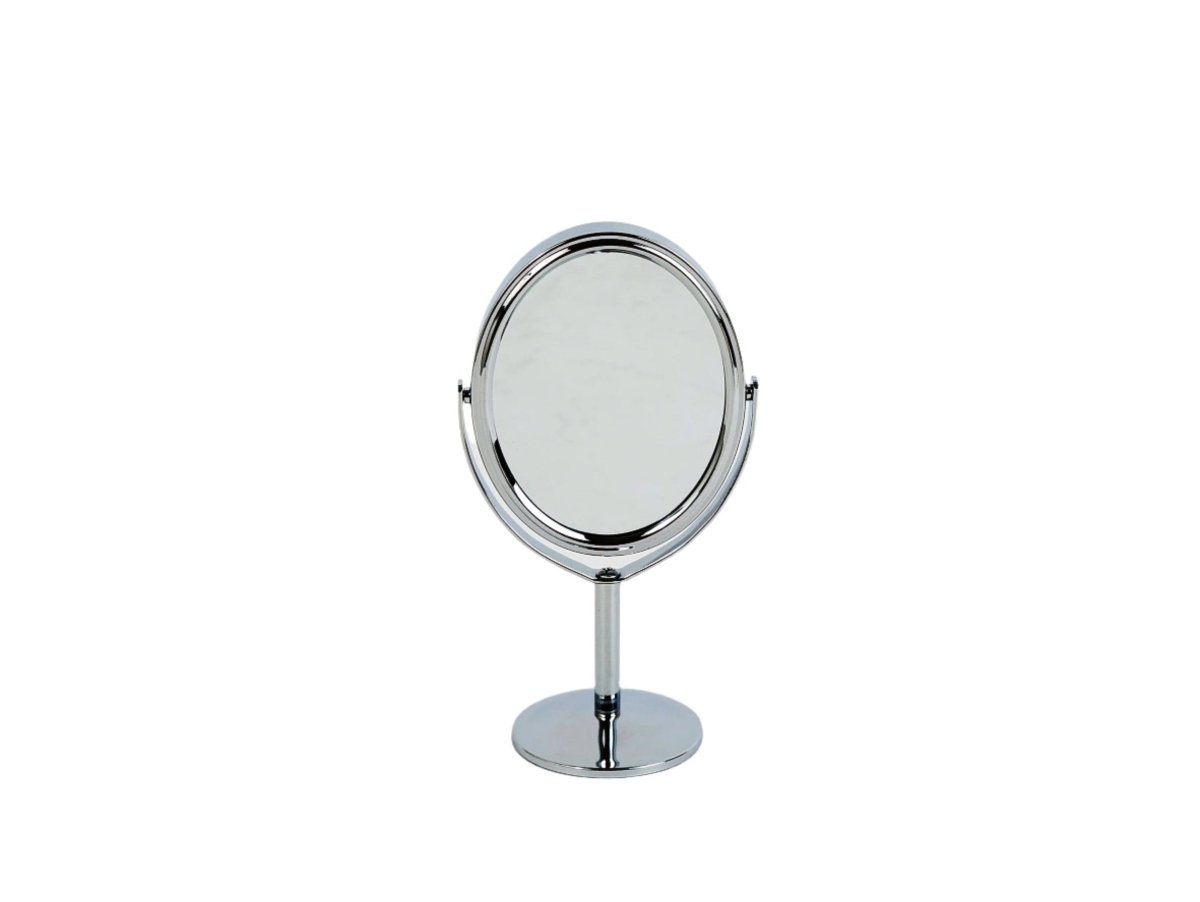 Makeup mirror, round chrome frame with small hinge details, on pedestal base