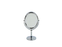 Makeup mirror, round chrome frame with small hinge details, on pedestal base