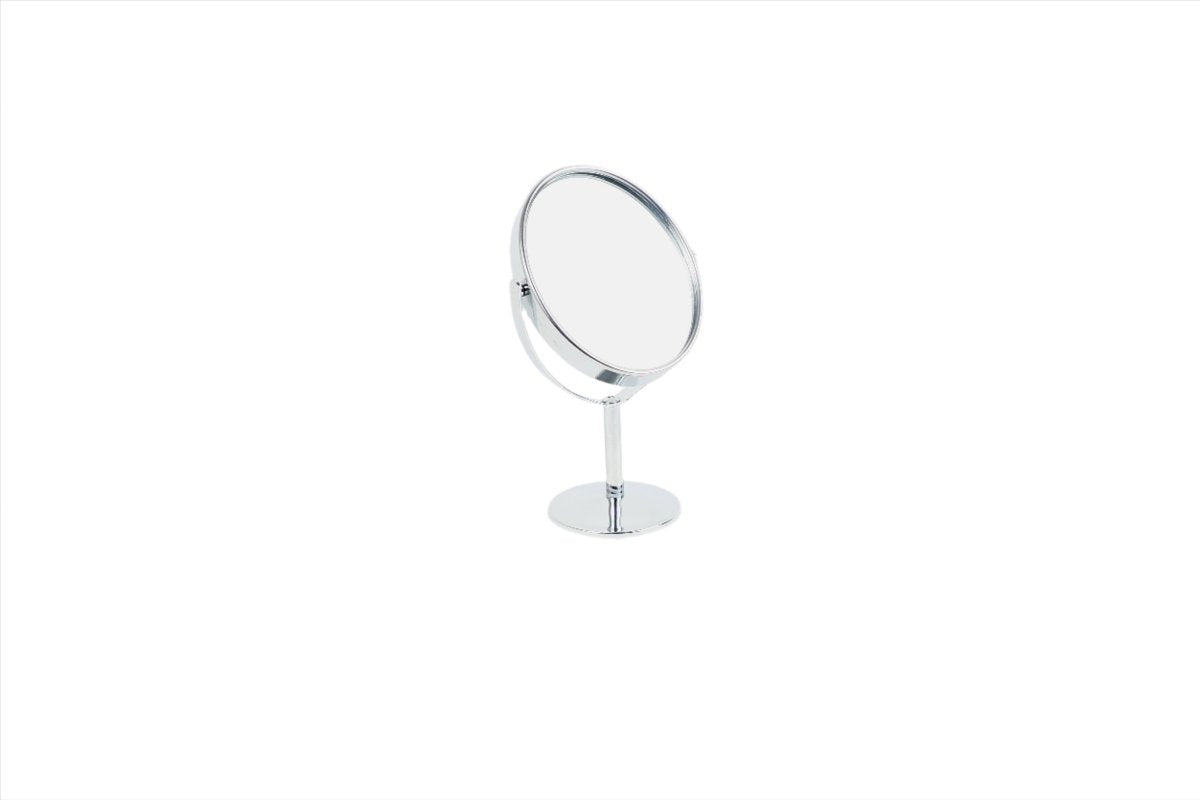Standing makeup mirror, round frame, on small circular chrome base