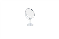 Standing makeup mirror, round frame, on small circular chrome base