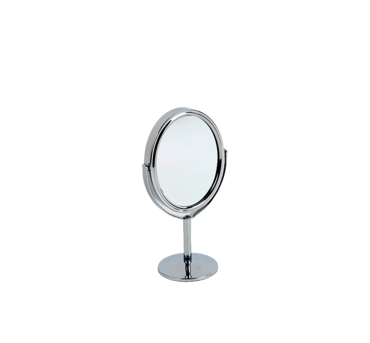 Makeup mirror with tilted circular frame on chrome pedestal base