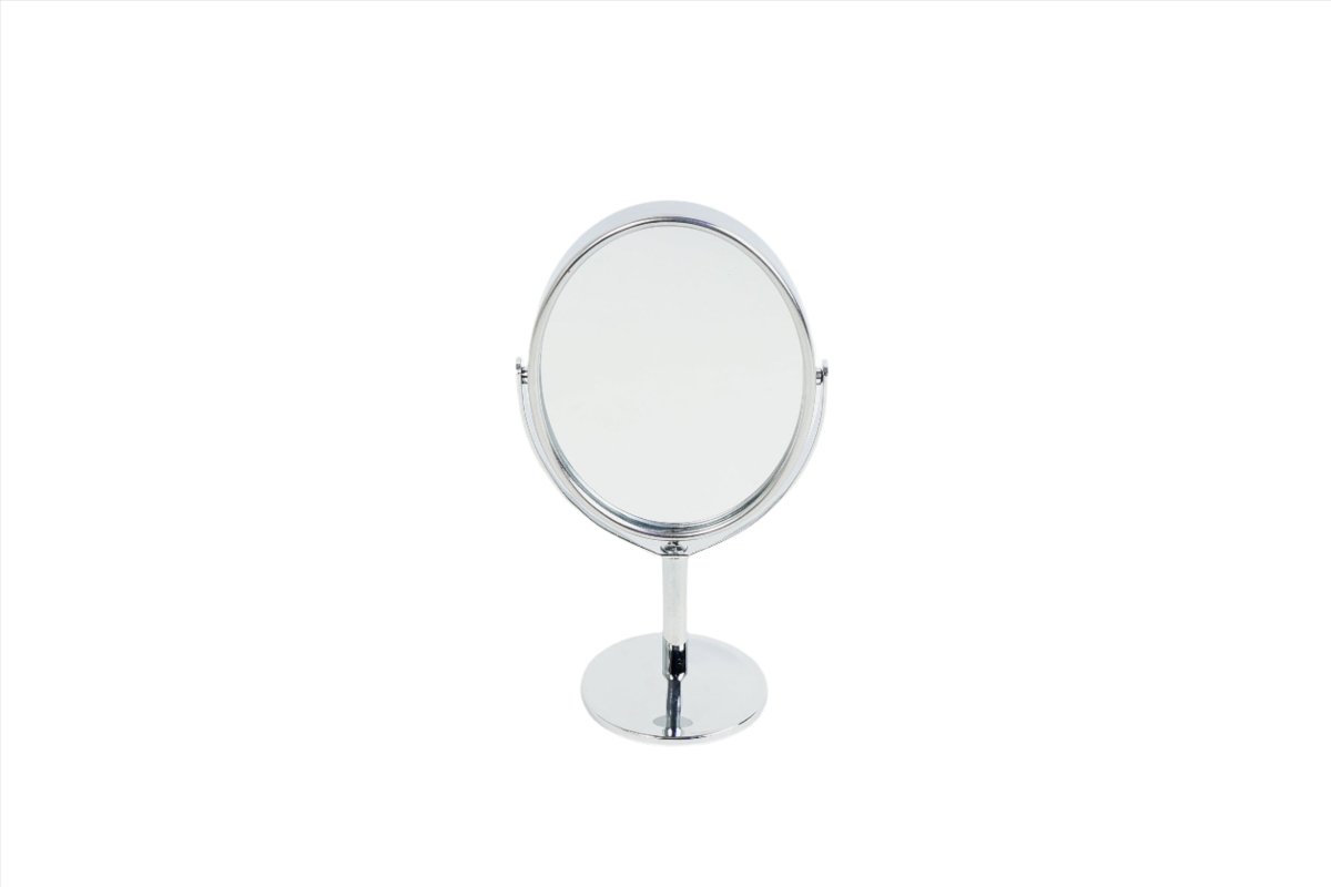 Makeup mirror with round glass and chrome stand, circular pedestal base