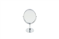 Makeup mirror with round glass and chrome stand, circular pedestal base