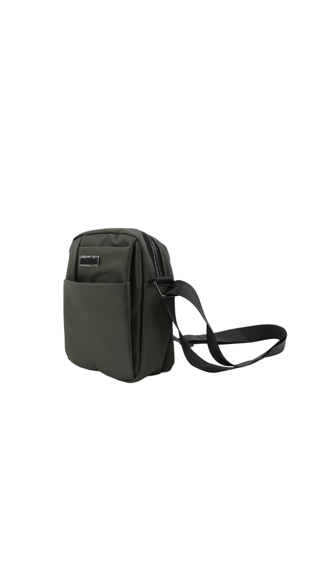 Olive crossbody bag with side gusset, adjustable strap, and zip front pocket