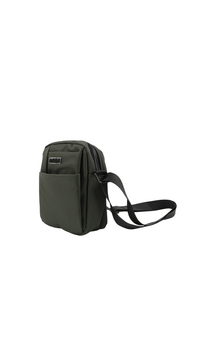 Olive crossbody bag with side gusset, adjustable strap, and zip front pocket