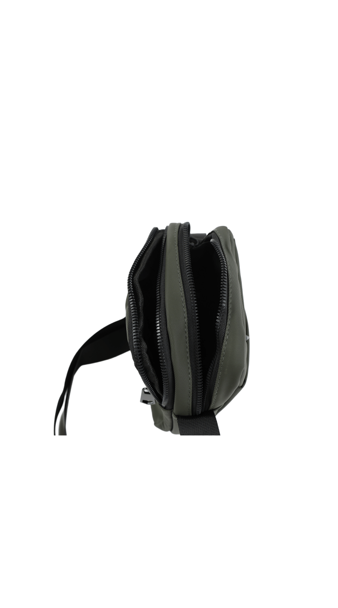 Olive crossbody bag side view with dual zippers and structured, compact body