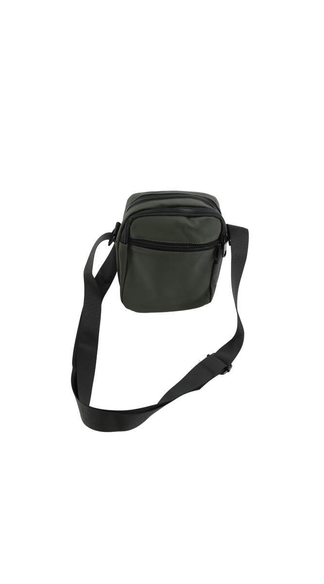 Olive crossbody bag with zip top and long strap, rounded compact shape