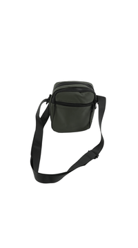Olive crossbody bag with zip top and long strap, rounded compact shape