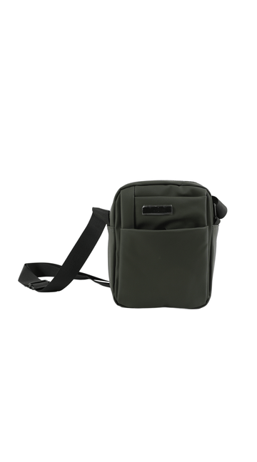 Olive crossbody bag with adjustable strap and front logo patch, zip-top main compartment