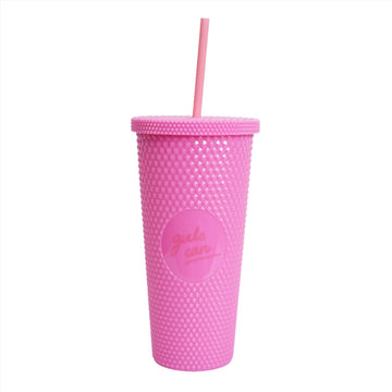 Pink textured tumbler with screw-on lid and matching straw