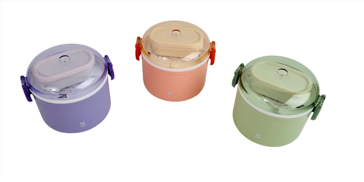 Set of three portable lunch boxes: purple, peach, and green with clear snap lids
