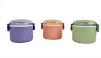Three portable lunch boxes in lavender, peach, and sage green, each with clear lid