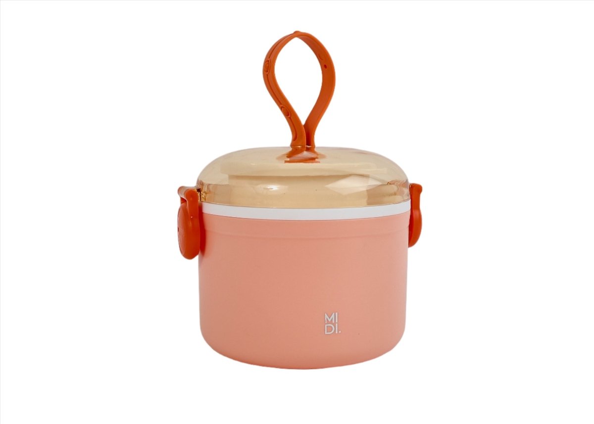 Coral portable lunch box with clear lid, orange side grips, and loop carry handle