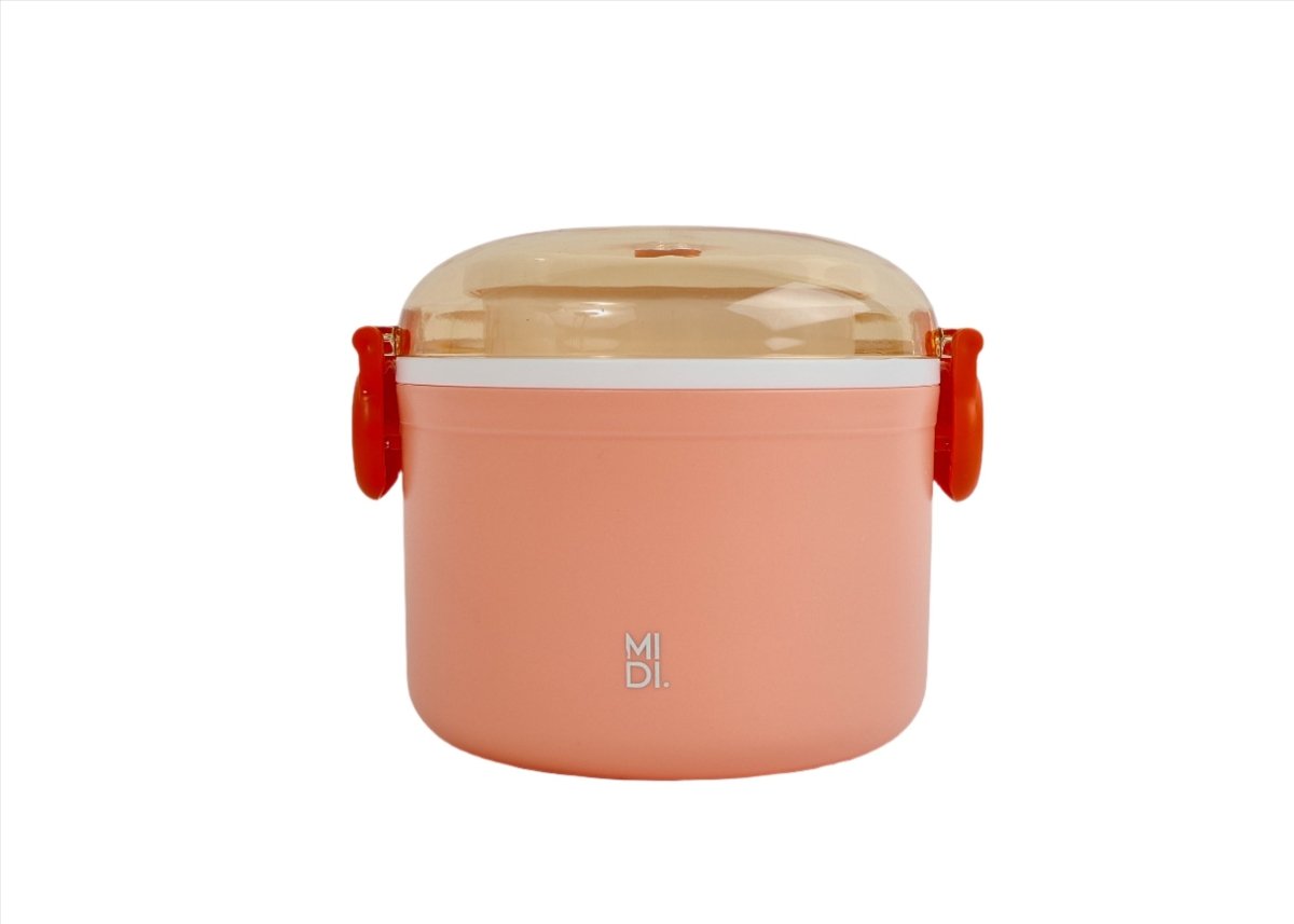 Coral portable lunch box with clear snap lid and central logo on front