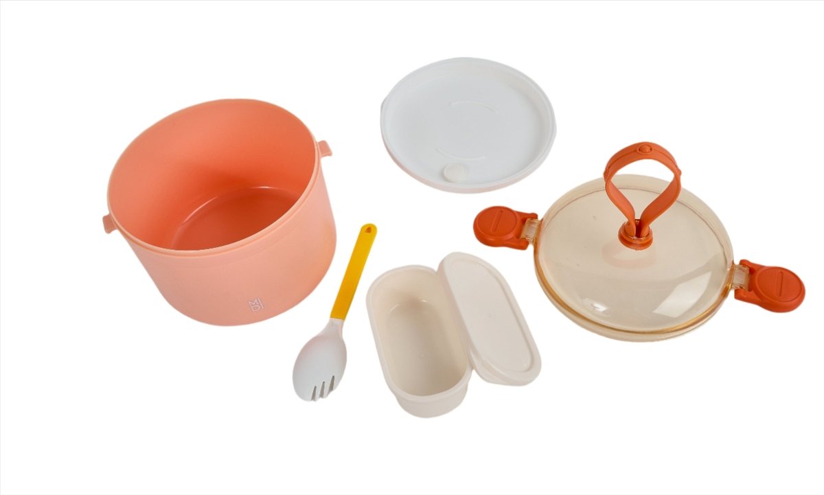 Orange lunch box set with clear lid, detachable container, spoon and fork