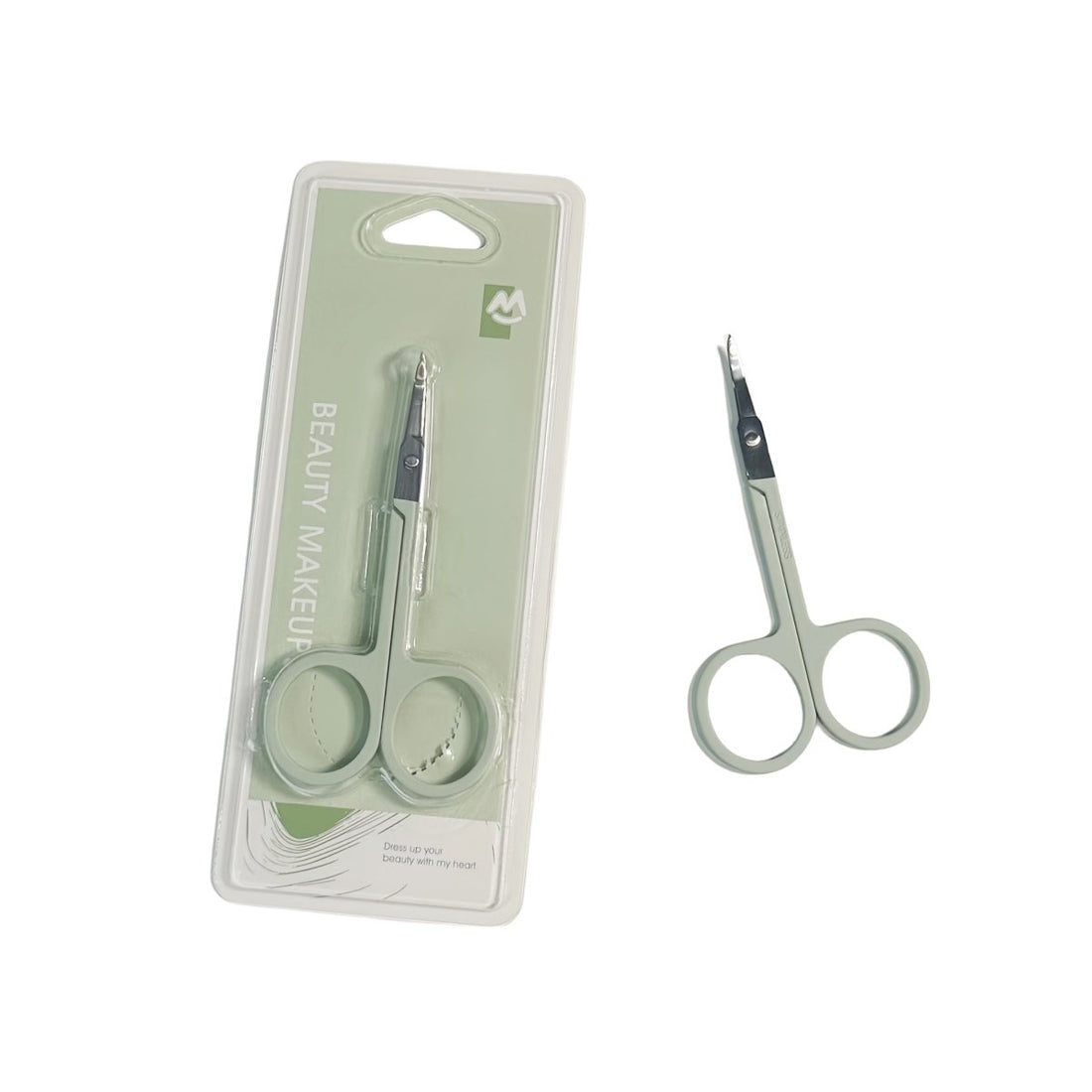 Eyebrow scissors in blister packaging, silver pointed tips and round gray finger rings