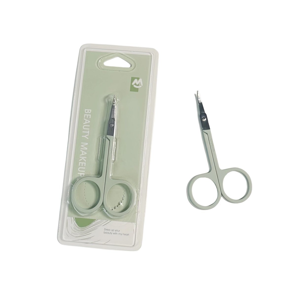 Eyebrow scissors in blister packaging, silver pointed tips and round gray finger rings