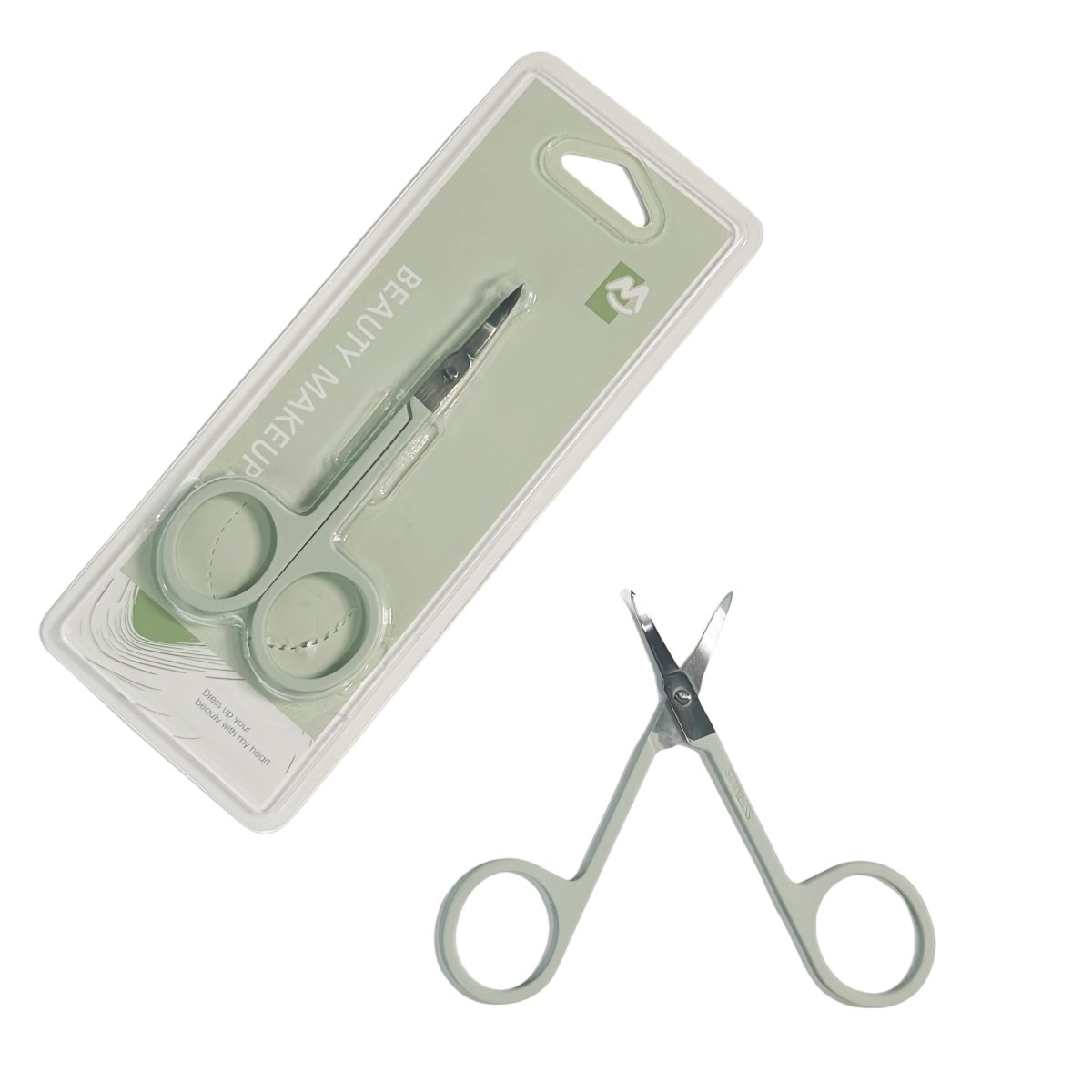 Eyebrow scissors with protective blister case, silver blades and gray handles
