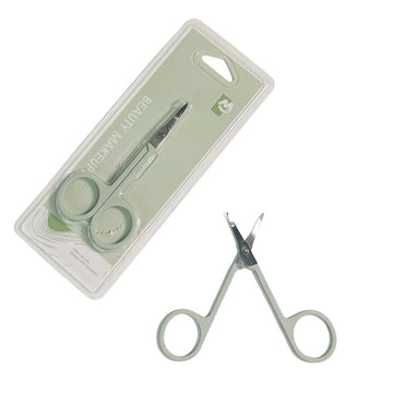 Eyebrow scissors with protective blister case, silver blades and gray handles
