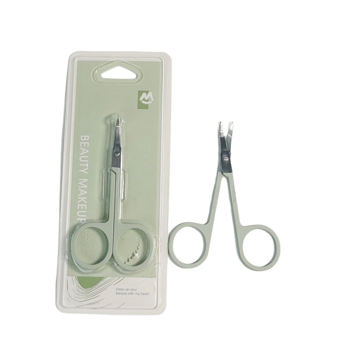Eyebrow scissors with blister card, silver blades and two round finger loops