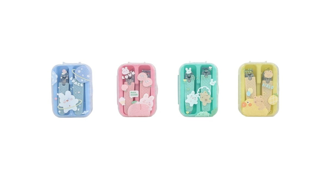 Nail clipper set in patterned cases: blue, pink, turquoise, and yellow clippers.