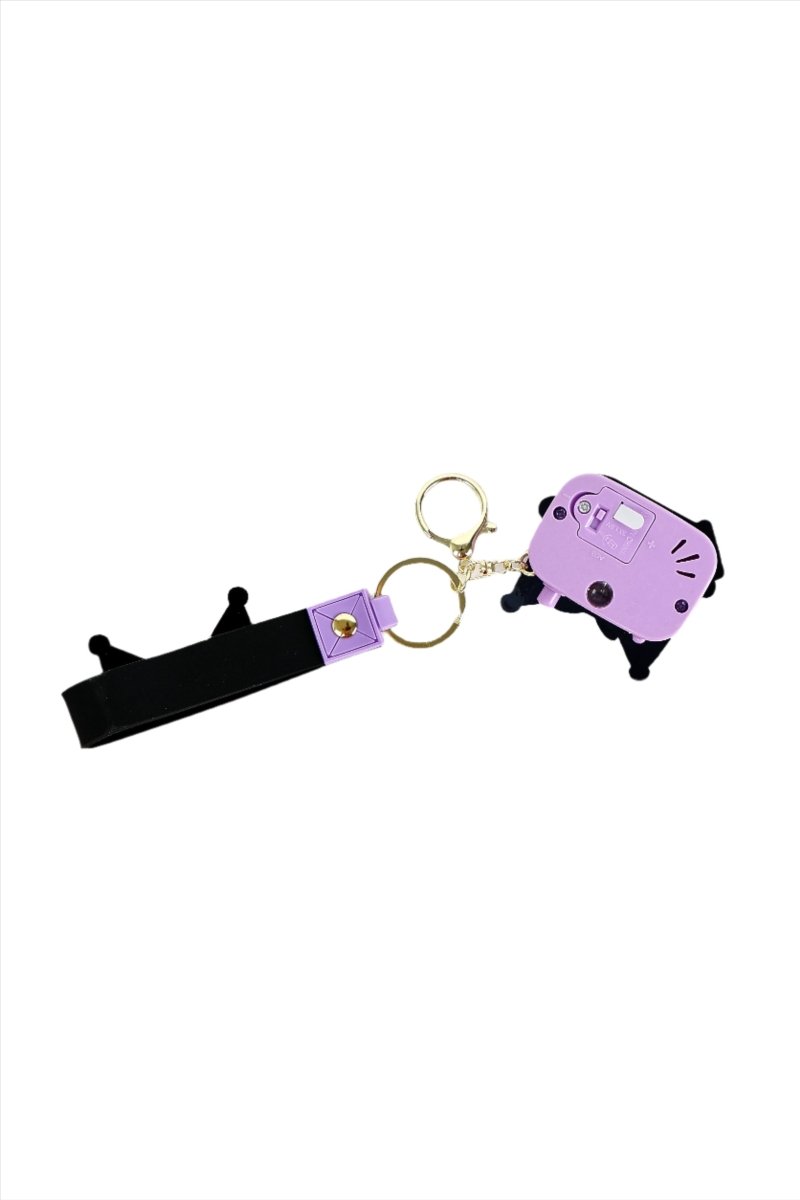 Purple cat camera keychain with black strap and gold keyring