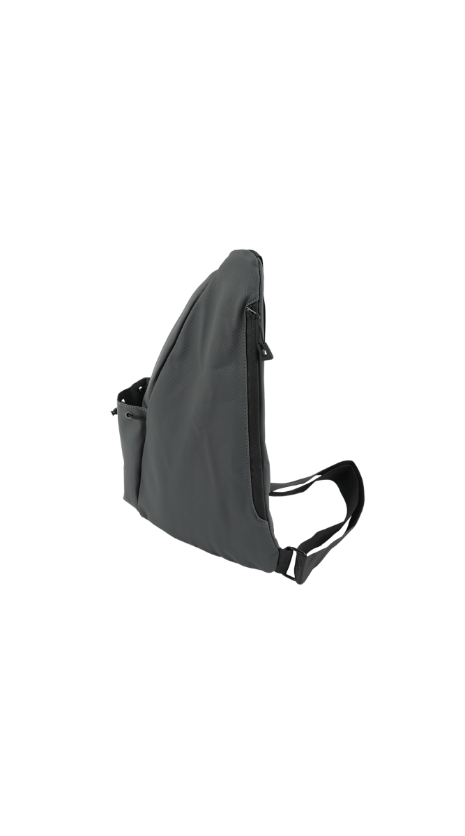 Dark gray triangular sling bag with zipper and adjustable shoulder strap.