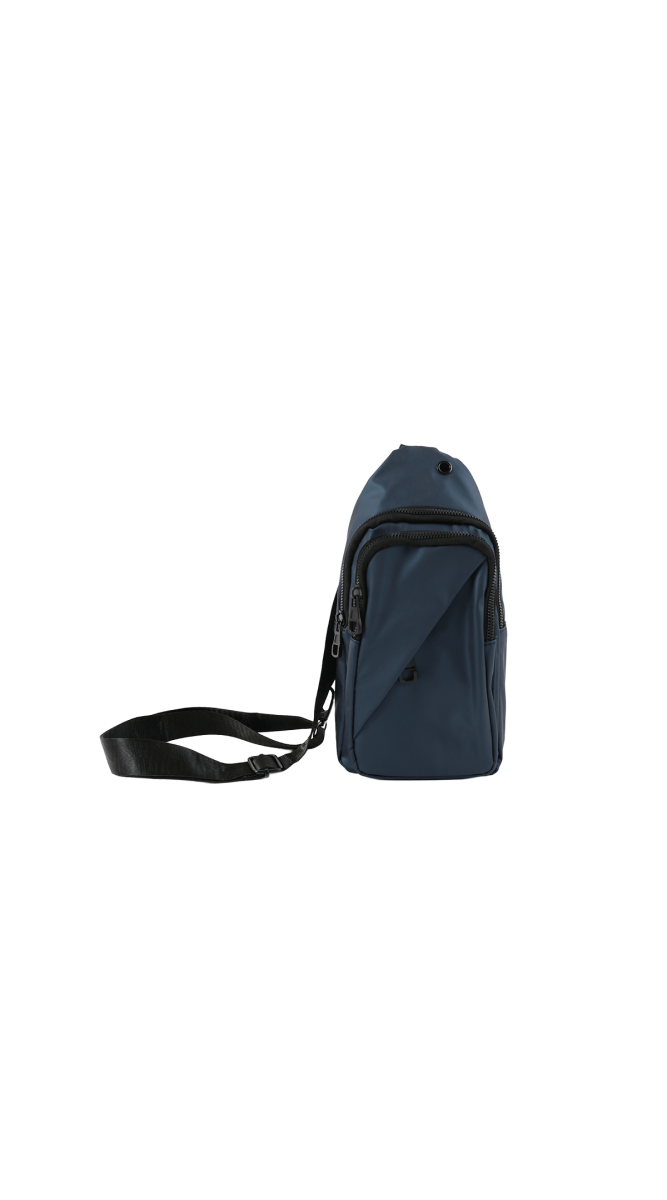 Small sling bag, dark blue, zippered front pocket and adjustable strap