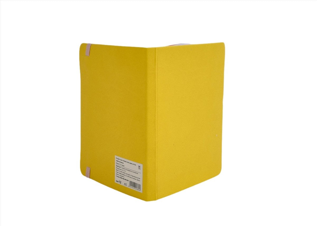 Small yellow notebook with plain cover and barcode label on back