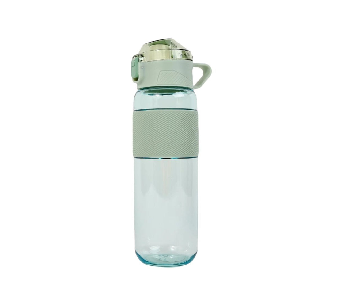 Green sport water bottle with textured grip band and carry handle, clear body
