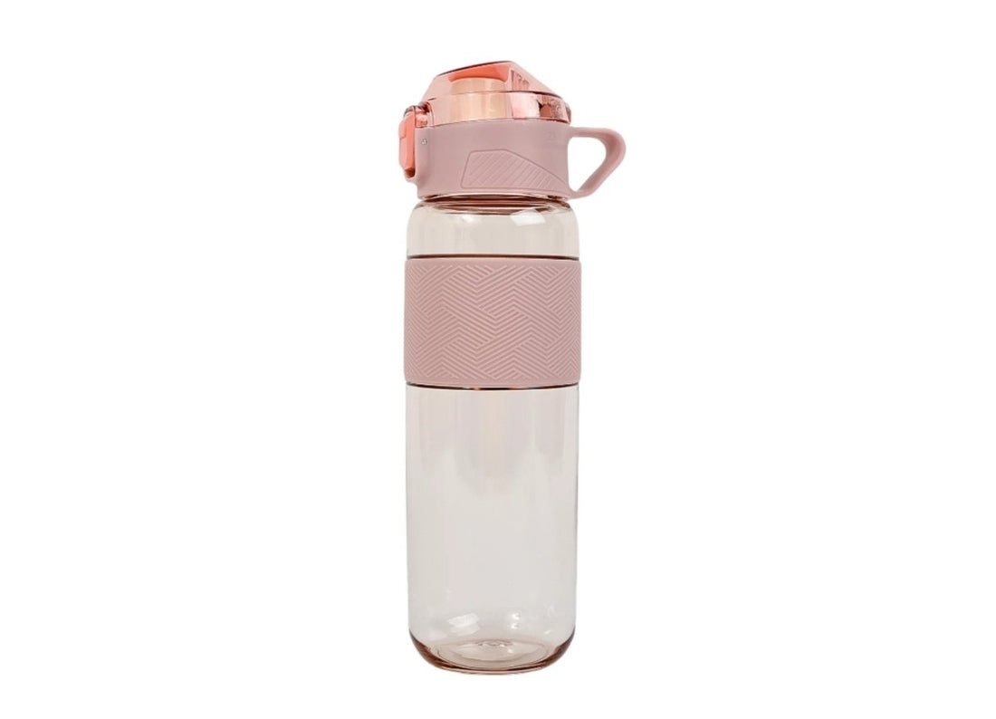 Pink sport water bottle with textured grip band, clear body, loop handle