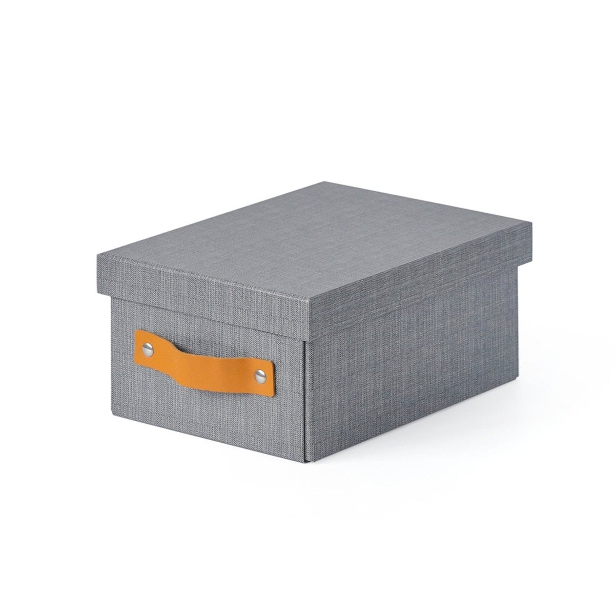 Fabric storage box with gray body and single tan leather front handle