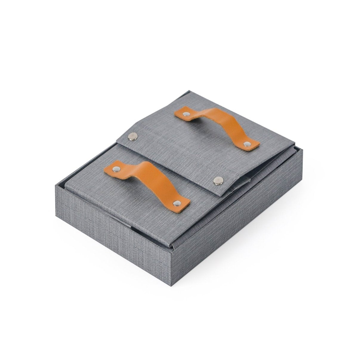 Fabric storage box with gray lid and tan leather handles, buttoned straps