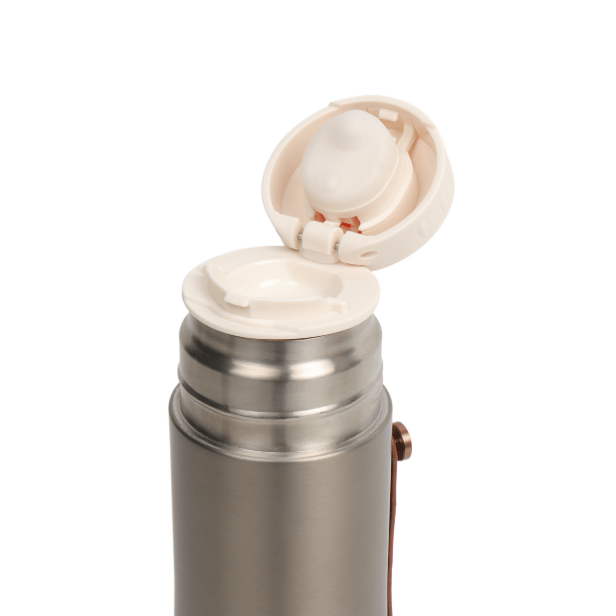 Thermal water bottle with open flip lid and white inner spout