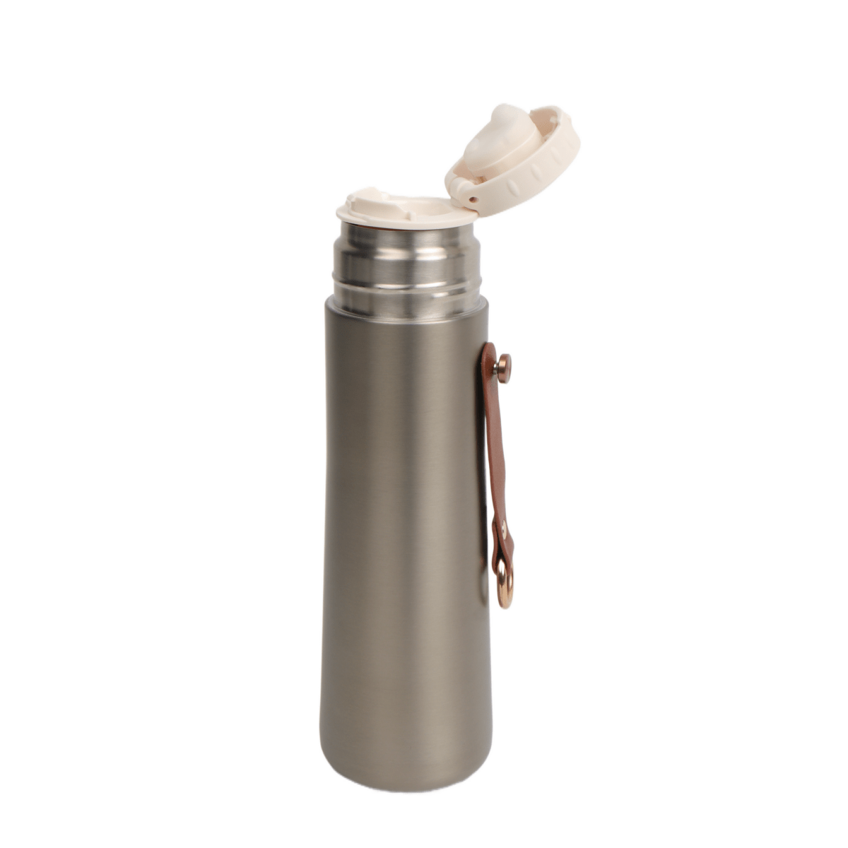Stainless thermal water bottle with open lid and copper-toned side hook