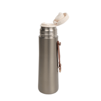 Stainless thermal water bottle with open lid and copper-toned side hook