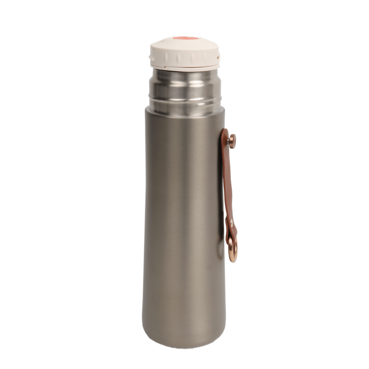 Stainless thermal water bottle with closed white lid and side carry loop