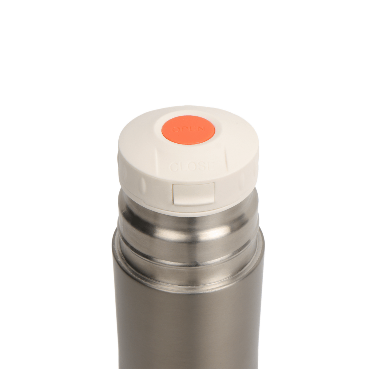 Thermal water bottle lid with orange button and white twist-top cover