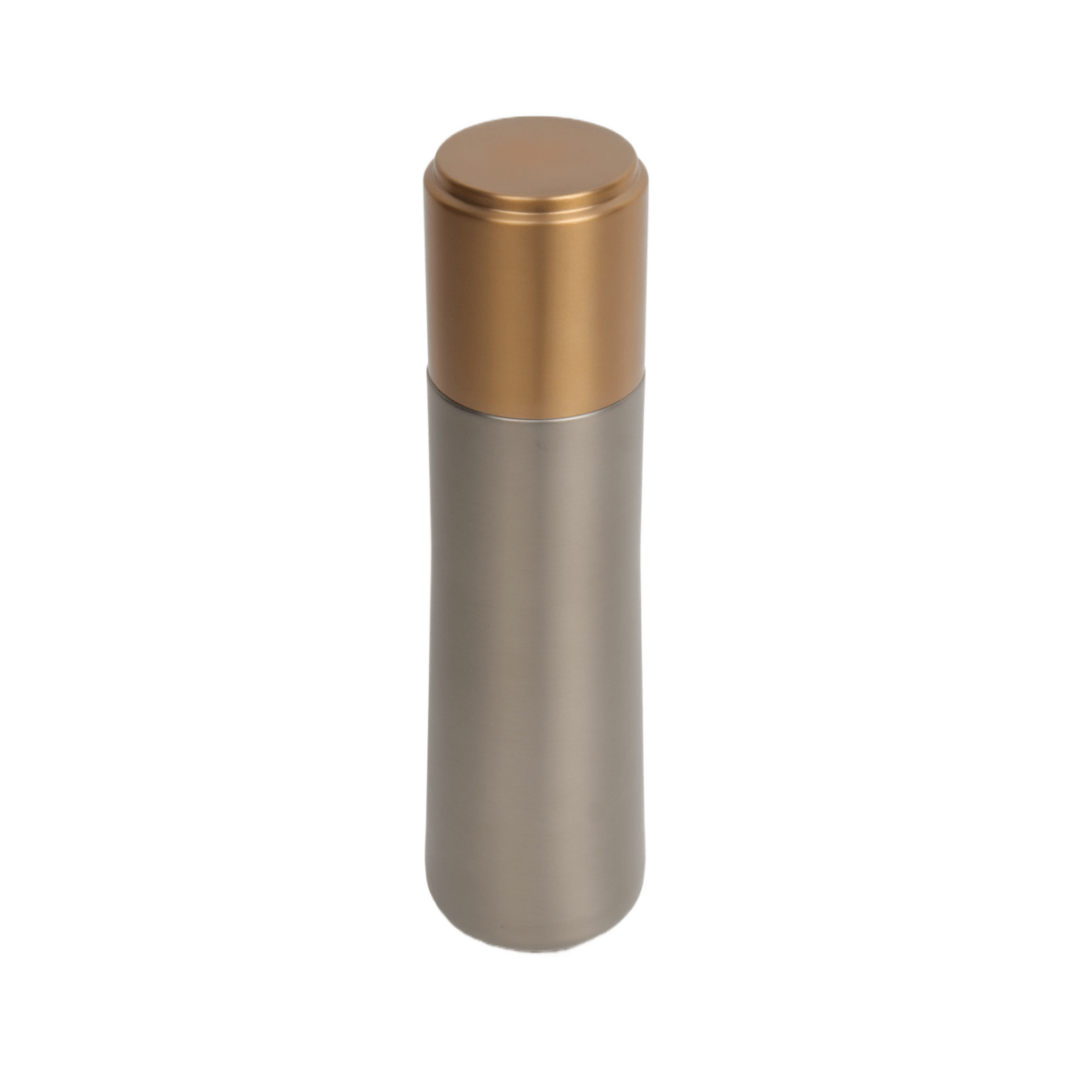 Insulated water bottle with gold screw-on lid, stainless finish