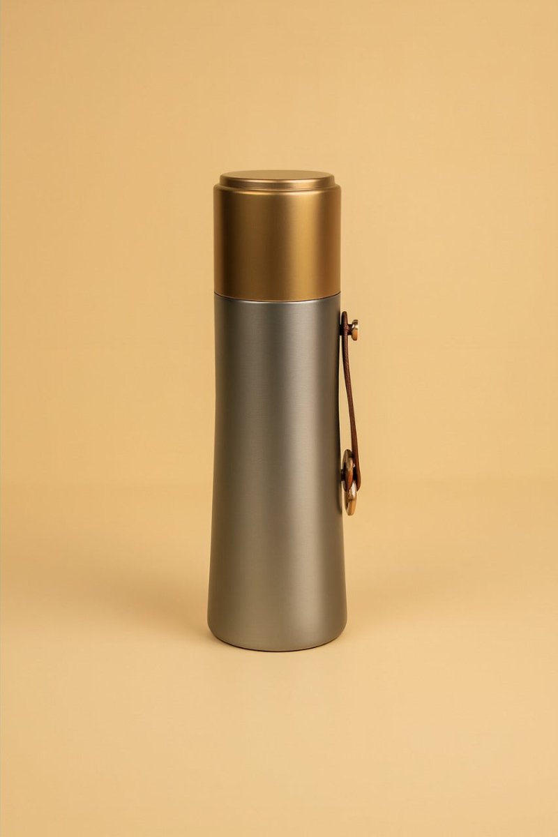 Stainless thermal water bottle with gold lid and carry loop side handle