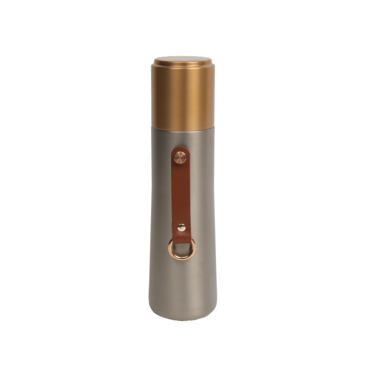 Insulated water bottle with gold lid and side leather carry loop