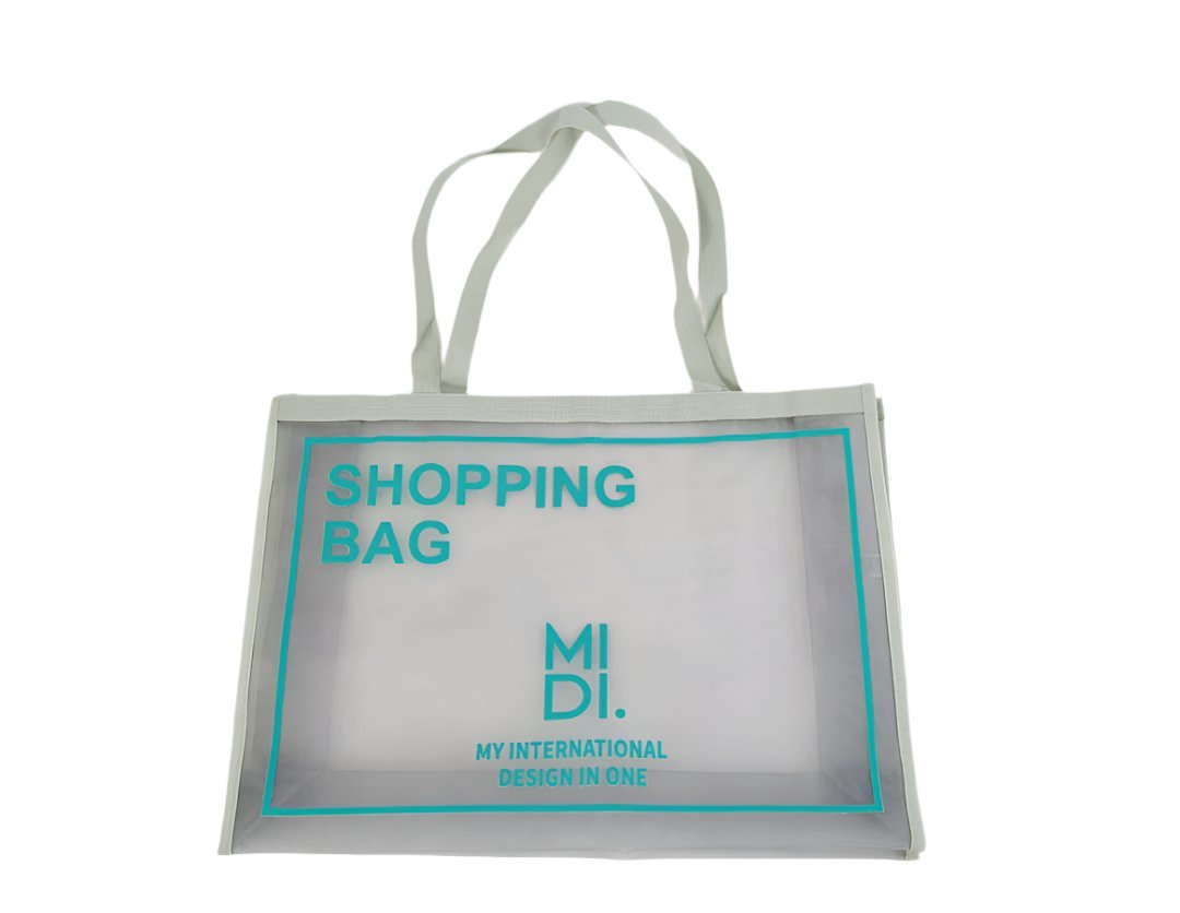 Transparent shopping bag with teal border and bold SHOPPING BAG print, dual handles