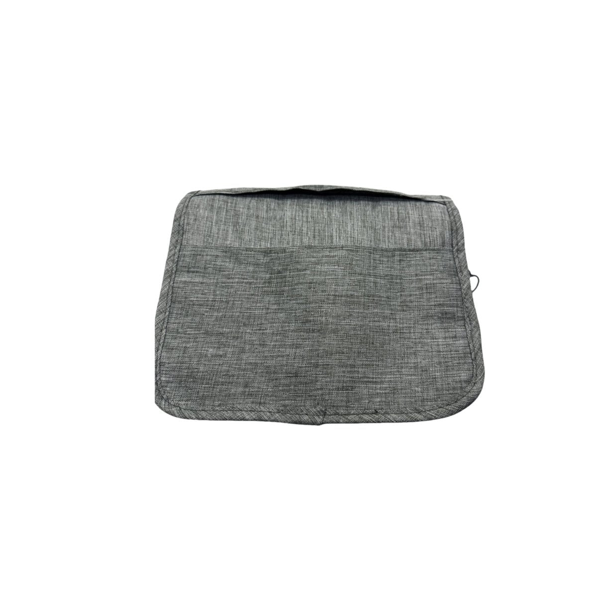 Grey travel bag back view with rounded shape and stitched seam lines