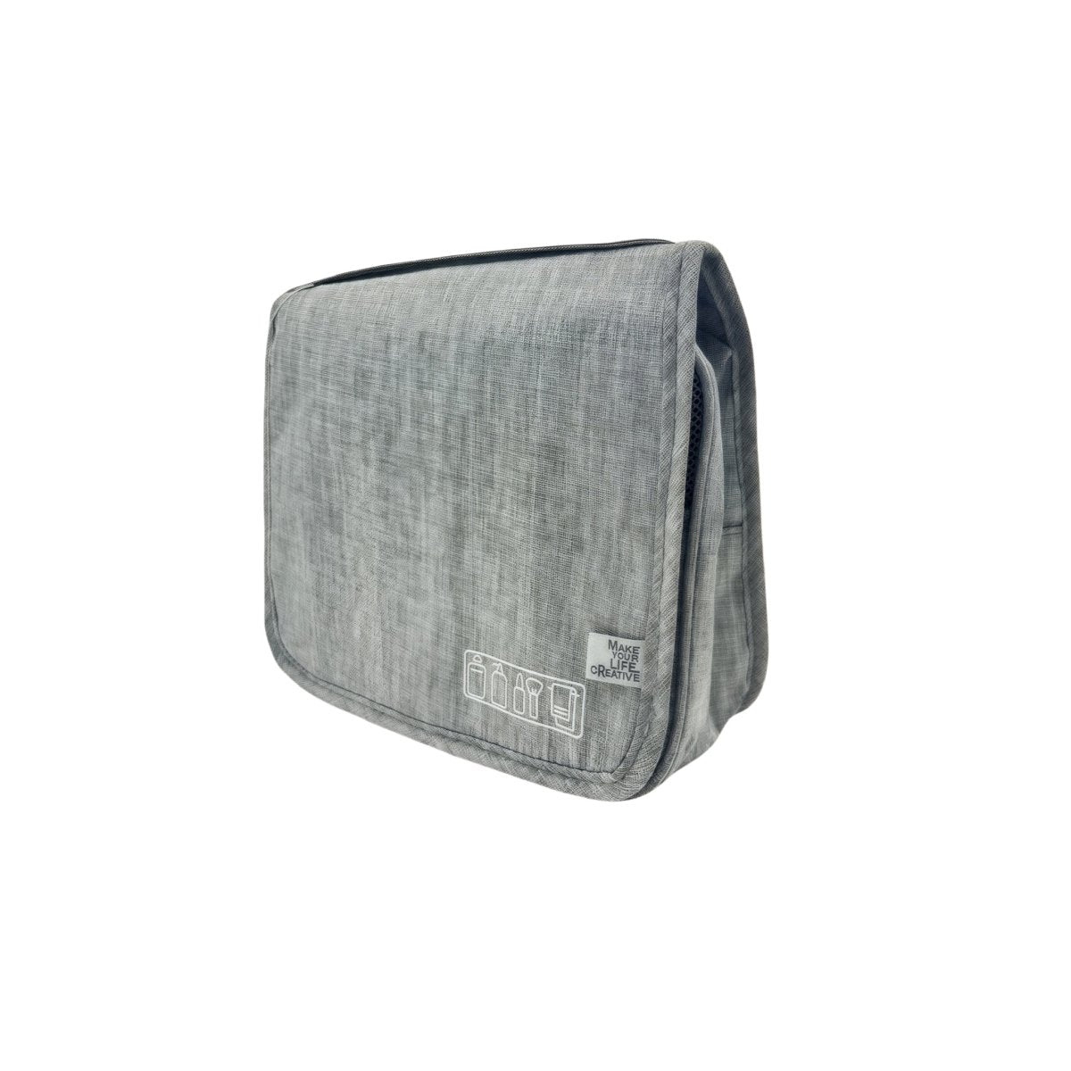 Grey travel bag with zippered side opening and icon patch on front